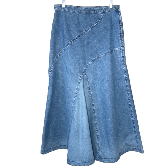 Isabella Bird Skirts Isabella Bird Blue Denim Maxi Skirt Distressed